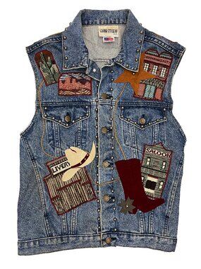 Sedona Stitchery Cowboy Cowgirl Western Patchwork Jean Denim Vest Womens M
